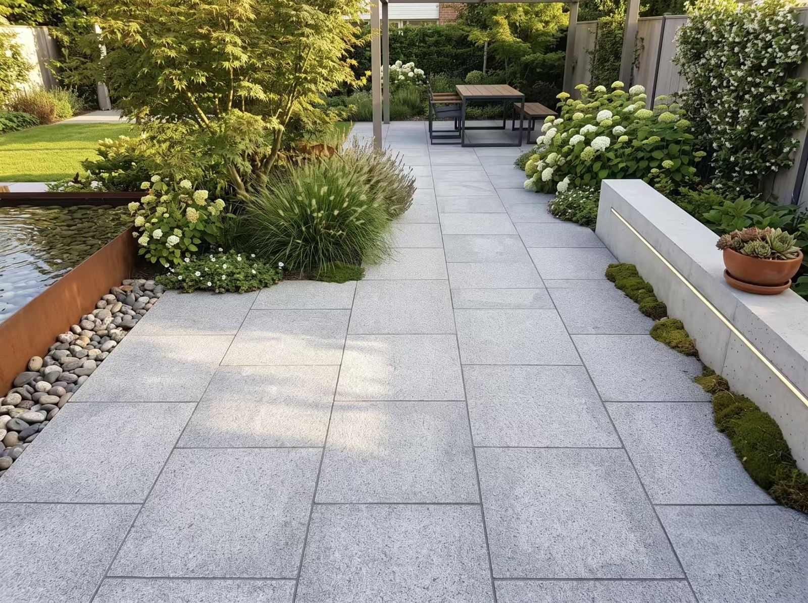 Salt and pepper granite pavers with flamed finish installed on an outdoor garden patio. Salt and pepper granite pavers with flamed finish installed on an outdoor garden patio.